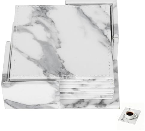 Set 6 Sottobicchieri Quadrati in Pelle Effetto Marmo con Supporto, Sottobicchieri Impermeabili Resistenti al Calore, Stile Nordico Ins, Protezione Tavolo per Casa Ufficio