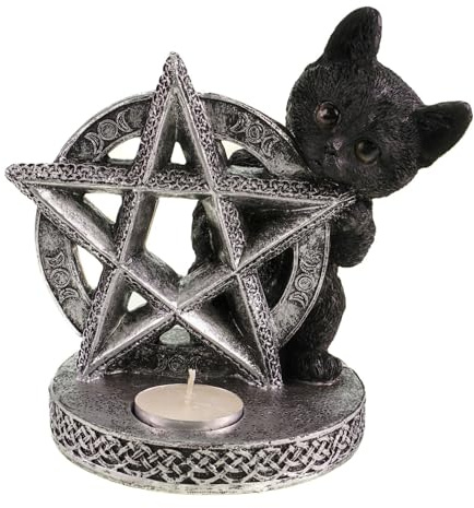 Gothic Teelichthalter Katze & Pentagramm - Schwarze Polyresin Figur 16x16x13 cm - Mystische Deko Kerzenhalter - Halloween GeschenkideeMystische Katze 16cm Figur Skulptur Dekoration Gothic