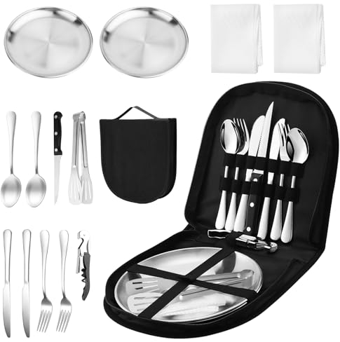 Campeggio Posate Set, 14 Pezzi Set di Posate da Campeggio Kit, Set di Posate da Campeggio in Acciaio Inox per Stoviglie per Esterni, Barbecue, Picnic