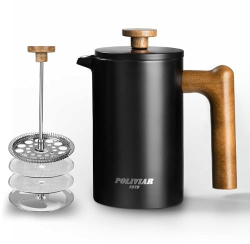 Poliviar French Press Kaffeebereiter, 600ml/21oz | Doppelwandige Isolierte Kaffeekanne, Handfilter Kaffeepresse, Plunger & Griff aus Holz, JX2024-SFPB-DE