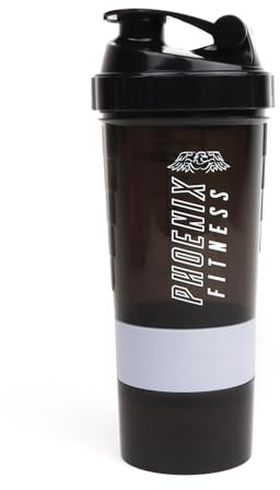 Phoenix Fitness Protein Shaker Bottle with Storage Compartments - 500ml Leakproof BPA Free Easy Clean Bottle for Powder Shakes, Supplements, Vitamins & Snacks - Black
