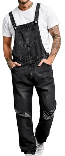 Runcati Men's Distressed Jean Denim Overall Vintage 90s Fashion Hippie Bib Ripped Jumpsuit