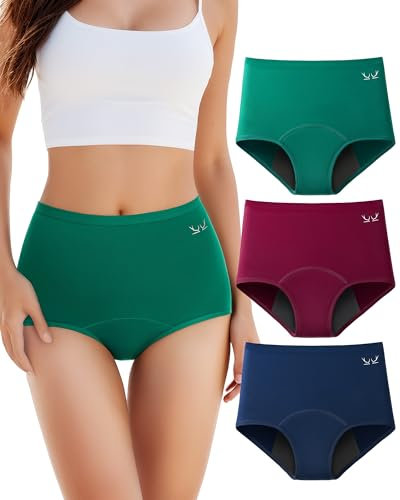 Perioden Bikini Unterwäsche Frauen Periodenunterschwäsche Mädchen Unterhosen Damen Baumwolle Menstruationsunterwäsche Starke Blutung Slip Panties, Dunkelblau/Bordeauxrot/Dunkelgrün, 3er Pack XL