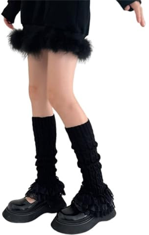 Yoisdtxc Damen Strick-Beinwärmer, elegante Spitze, Patchwork, Wadenabdeckung, Stiefelsocken, Streetwear für den täglichen Gebrauch, Schwarz , One size