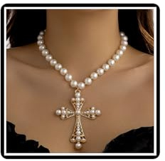 Dishowme Kristall Perle Kreuz Halskette Punk Faux Perlen Anhänger Halskette Kette Vintage Strass Kruzifix Schmuck für Damen Frauen (Gold)