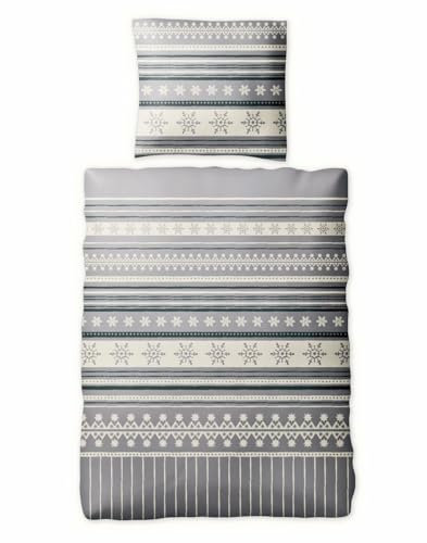 JACK Biber Bettwäsche 2 TLG. 135x200cm Schneeflocken Winter Grau Offwhite Baumwolle Weich Kuschelig