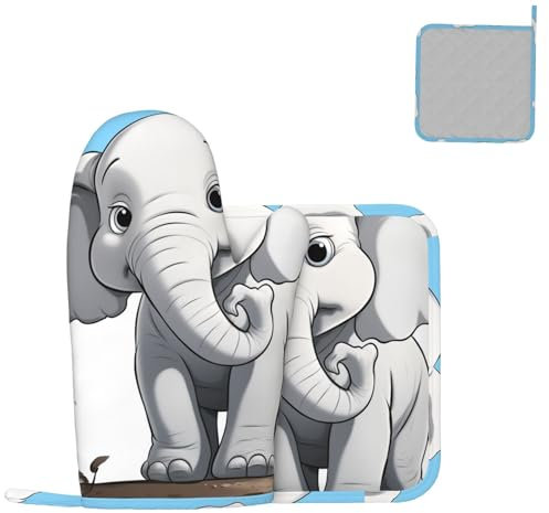 Ofenhandschuhe und Topflappen, 2-teiliges Set, weißer Elefant, Grillhandschuhe, hitzebeständig, Topflappen, rutschfeste Kochhandschuhe, dick, lang, Küchenhandschuhe für Grill, Backen, Mikrowelle