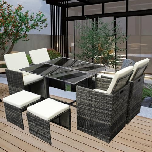 GadgetHaven Garden Furniture,rattan garden furniture with Waterproof Cushions, Tempered Glass Table & Storage Cover - Space Saving Design for Poolside/Garden 6141-B (Dark Grey with beige cushion)
