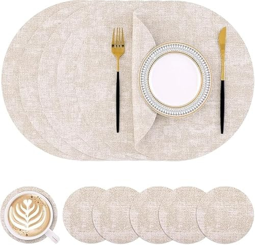 Homaxy Tischsets Abwaschbar, Rund Doppelseitig Abwischbar Wasserdicht rutschfest Platzset, Kunstleder Hitzebeständige Platzdeckchen mit Untersetzer (6er Set, Beige)