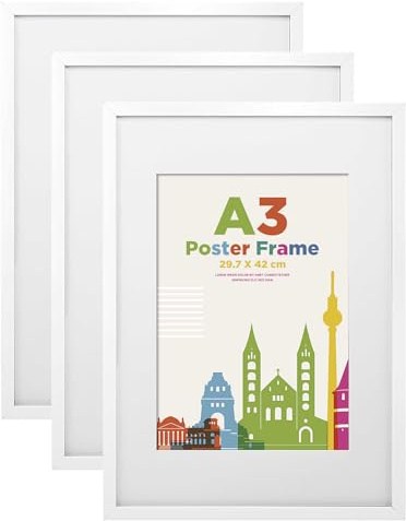 Egofine Bilderrahmen A3, Holzrahmen Rahmen A3 mit Acrylglas Passepartout für Fotos DIN A4,Zertifikatsrahmen für Wandmontage,29.7 x 42 cm Posterrahmen für Portrait,Zuhause, Büro,Weiß,3er
