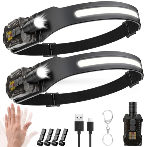 Stirnlampe LED Wiederaufladbar,2000 Lumens 230° Weitwinkel Zoombare Kopflampe mit Sensor,9 Lichtmodi mit UV Lampe,Abnehmbare magnetische Leichtgewichtig Stirnlampen,für Camping,Joggen,Wandern,Angeln