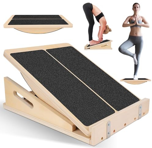 2-in-1 Balance Board Erwachsene, Tragbares Schrägbrett aus Holz für Wadendehnung und Neigungsbrett, Wadendehner Verstellbarer Wackelbrett, Slant Board mit Tragegriff Wadentrainer für Knie, Knöchel