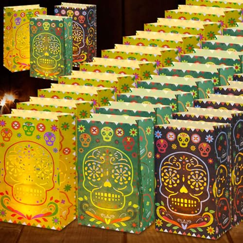 Tikitup Dia De Los Muertos Decorations Luminary Bags-15 Pcs Diwali Flame Resistant Candle Bag-Halloween Day of The Dead Candy Bag for Mexican Fiesta Halloween Party Supplies
