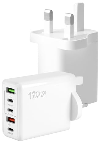 120W USB C Plug 5 Port Charger Plug Fast Charging UK 2Pcs Multi USB Plug Dual Port PD QC Wall Charger Head Type C Charger Head for iPhone 16 15 14 13 12 Pro Max Plus X XS XR Samsung, White