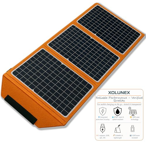 Panneau solaire pliable Xolunex 30 W avec testeur USB – Chargeur solaire portable USB & DC (18 V), monocristallin, IP54 – pour camping, randonnée, voyage et situations d’urgence