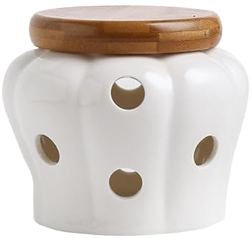 Pot à l'ail 4x4in fraîcheur ventilé Céramique Cuisine Keeper Aimte ouverture avec comptoir de couvercle Rangement élégant creux sans glissement pour oignons, gingembre (blanc), pot de rangemen
