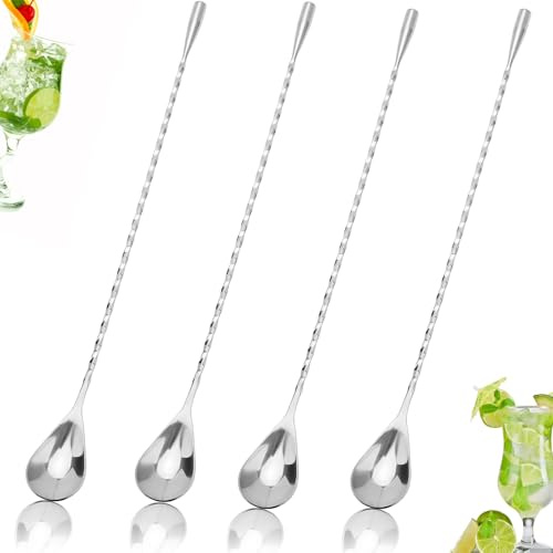 4-Piece Stainless Steel Bar Spoon, 12-inch Spiral Handle Cocktail Mixing Spoon for Bartenders & Home Bars, Long Drink Stirrer for Coffee, Milkshake, Iced Tea & Mojito
