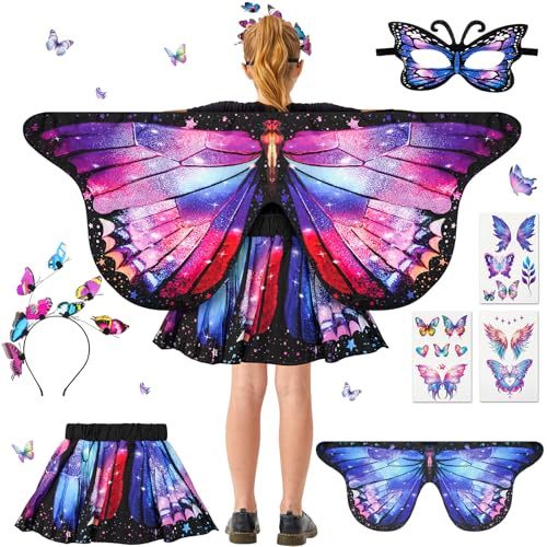 Lozzzyo Disfraz Mariposa Niña, Disfraz Carnaval Niña con Alas De Mariposa, Falda, Diadema, MáScara Y Pegatinas de Mariposas, Disfraces de Carnaval Para Niñas Para Carnaval, Halloween Cosplay