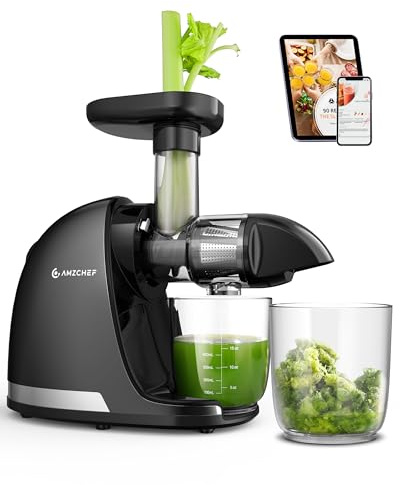 AMZCHEF Entsafter Slow Juicer Gemüse und Obst – Testsieger Saftpresse Elektrisch mit Rückwärts-Kau-Funktion – Zartes Zerkleinern, Einfach zu Reinigen mit Bürste & 2 Tassen – Schwarz