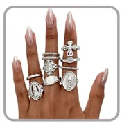 Silver-Plated Rings for Women Set Boho Virgin Mary Cross Ring Chunky Vintage Stacking Rings for Women Trendy Knuckle Joint Midi Finger Statement Silver Ring Set Faith Religious Jewelry (Silvery Color)