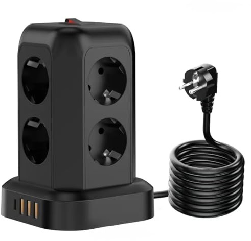 Multiuttag avledare med överspänningsskydd 1700 Joule, 8 uttag, USB-port, automatiskt skydd, brandsäkert hölje, svart