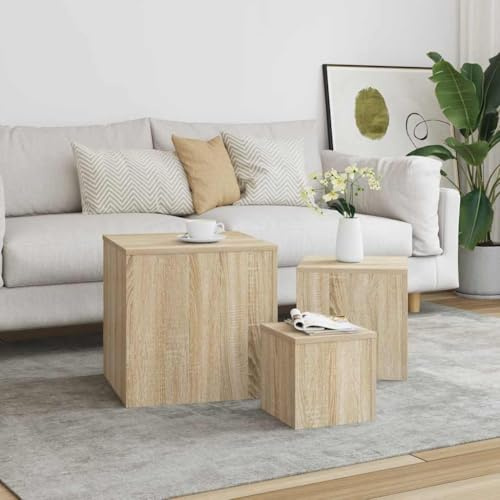 Ziaphsol Set di 3 tavolini in legno di rovere Sonoma, quadrati, durevoli, per soggiorno e camera da letto, come supporto per piante o tavolo per telefono, facile da pulire