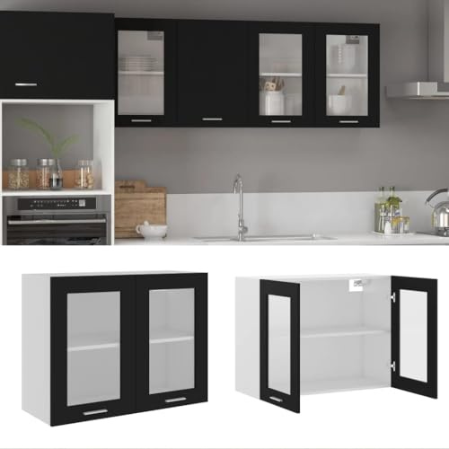 QZZCED Hängevitrine Lyon, Schwarz, 80 x 31 x 60 cm, technisches Holz, Küchenschrank mit Glas, zwei Regalböden, funktionales Design für organisierte Aufbewahrung, Schrank