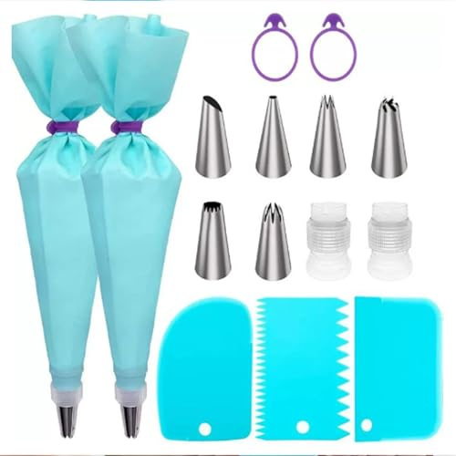 Accessori da forno Set di sacchetti per pasticceria e suggerimenti, kit per decorazioni per torte con 2 sacchetti in silicone, 6 punte di alcol, 3 raschietti per torte, 2 frizioni, 2 sacchetti nastro