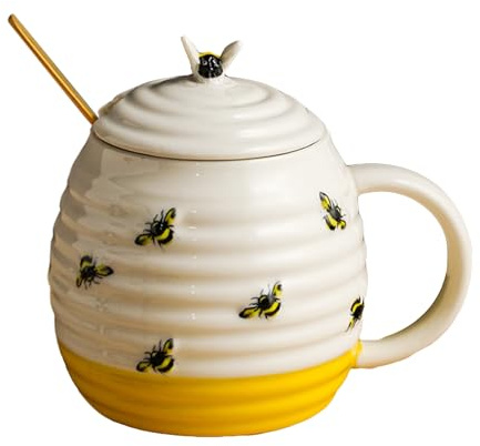 Nuiorfty Bienenbecher 350 ml Anaglyphen-Keramikbecher mit Löffel Keramik mit Deckel und Griff leicht zu reinigende Keksdose f