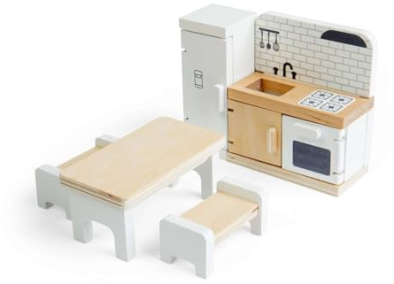 Bigjigs Toys Kitchen Set, Dolls House Furniture with Fridge, Oven & Sink | Miniature Fridge, Oven, Sink & Dining Table, Wooden Dolls House Kitchen Playset, Gift for Children, Age 3+