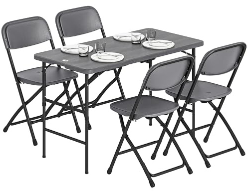 Outsunny Conjunto de Mesa y Sillas Jardín de 5 Piezas, Muebles de Jardín Exterior con Mesa Plegable Ajustable de 55 a 74 cm, 4 Sillas Plegables y Encimera de HDPE, para Terraza Patio, Gris Oscuro