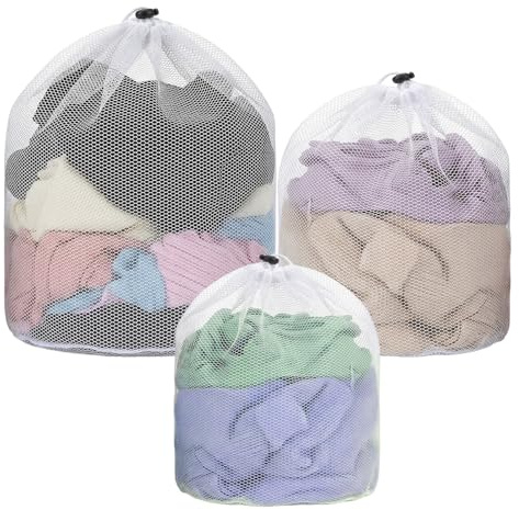 PEOVLVN 3 Pcs Mesh Laundry Bags, Drawstring Net Bags for Laundry Mesh Wash Bag Garment Bag for Washing Machine Home College Dorm Hotel Travel Family and Apartment Dwellers Use (3 Sizes)