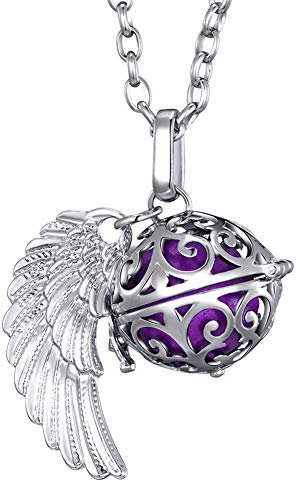 Morella collar ángel de la guarda de acero inoxidable 70 cm con colgante alas de ángel y bola de resonancia de color lila Ø 16 mm para damas en bolsa para joyas