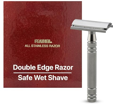 Feather - All Stainless Steel Double Edge Safety Razor AS-D2 - Luxurious Single Blade Razor for Men with Heavy Weight Handle - Built for Closer Shave - Includes 5 Hi-Stainless Blades - Made in Japan