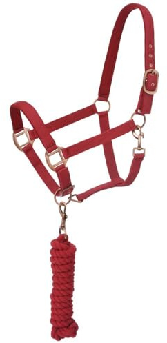 Tough1 Padded Horse Halter with Antique Hardware and Lead Rope - Red