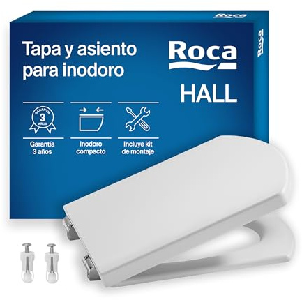 Roca Hall - Tapa y asiento para inodoro compacto con bisagras de acero inoxidable, tapadera de WC original con ajuste perfecto, recambio de tapa de váter resistente, blanco, A801620004