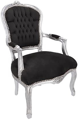 Way Home Store - Poltrona 100% Barocco Stile Francese Luigi XVI - Luis Legno Foglia Silver e Tessuto in Velluto Nero - Dimensioni 63 x 65 x 94 cm