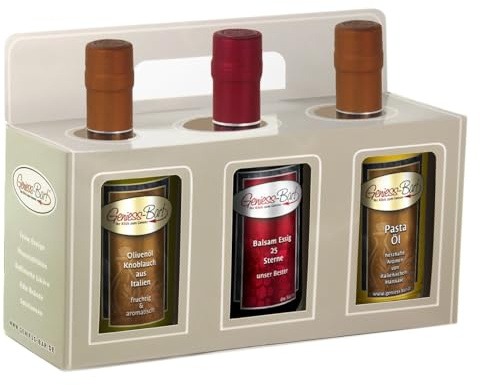 Essig & Öl Geschenkbox 3x 0,35L in premium Qualität Olivenöl Knoblauch/Aceto 25 Sterne/Pastaöl