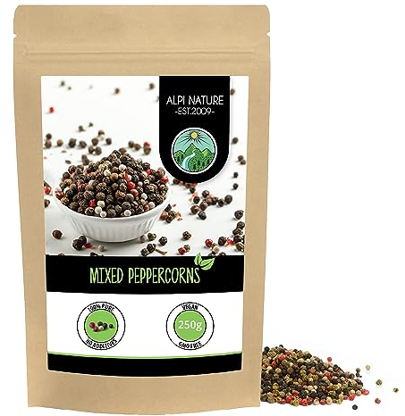 Alpi Nature Mixed Peppercorns 250g 8.8 oz, Whole Peppercorns, Black, White, Pink, Green Pepper