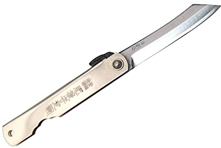 HIGO NO KAMI Couteau de Poche Pliant Artisanal Japonais Warikomi Acier au Carbone SK Manche Argent Fait Main au Japon par Nagao Kanekoma HRC 60 (Lame 6 cm)