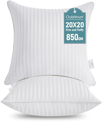 Oubonun 20 x 20 Throw Pillow Inserts, Firm and Fluffy Decorative Square Pillows for Couch Bed Sofa with Soft Cotton Cover White Cushion with Down Alternative Pack of 2