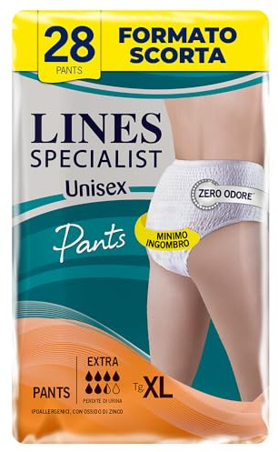 Lines Specialist Pants Extra Unisex, Mutande Assorbenti per Incontinenza Donna e Uomo, Asciutto Lampo e Massima Protezione, Zero Odore, Taglia XL, Scorta Mensile, 4 Confezioni da 7 Unità