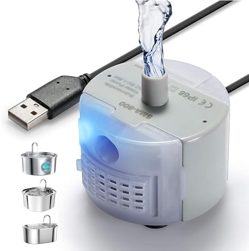 Cat Water Pump, Super Quiet Cat Fountain Pump, 5V USB Pet Drinking Fountain Pump with LED Light, Low Energy Consumption, for Stainless Steel/Dishwasher Safe Pet Water Dispenser
