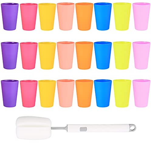 LJHOME 24 Pcs Reusable Plastic Cups, 260 ML Coloured Plastic Drinking Cups Tumblers Set, Durable Party Cups for Kitchen, Outdoor Parties, Picnics, BBQ’s, Travels, 8 Colors, with Cup Brush