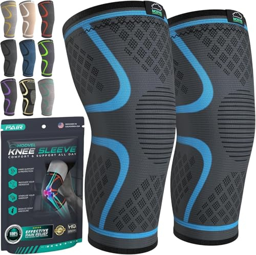 Modvel Compression Knee Brace for Women & Men - 2 Pack Knee Brace for Women Running Knee Pain, Knee Support Compression Sleeve, Workout Sports Knee Braces for Meniscus Tear ACL & Arthritis Pain Relief