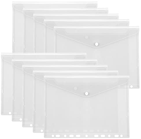 FYY Dokumententaschen A4,Klarsichthülle A4 Dokumentenmappe mit Druckknopf,Sichttasche Transparent mit Binderlöcher, Dokument Organisieren für Schulbüro,Hausaufgaben für Papier,Quittungen,10 Stück