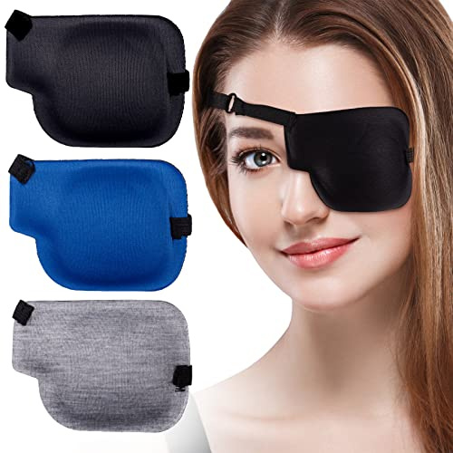 PAGOW Lot de 3 cache-œil 3D pour adultes, masque réglable pour œil paresseux, grand noir, gris, bleu (œil gauche)