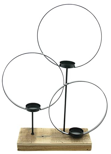 FRANK FLECHTWAREN Windlicht Kreise, Mattschwarz lackierte Metallringe, 3 herausnehmbare Glaseinsätze, Stabiler Sockel aus recyceltem Holz, Maße: 35 x 9 x 47 cm, Glas Ø 5 x 6 cm | Metallringe lackiert, 3 herausnehmbare Glaseinsätze, Sockel aus recyceltem Holz, Maße: 35 x 9 x 47 cm, Glas Ø 5 x 6 cm