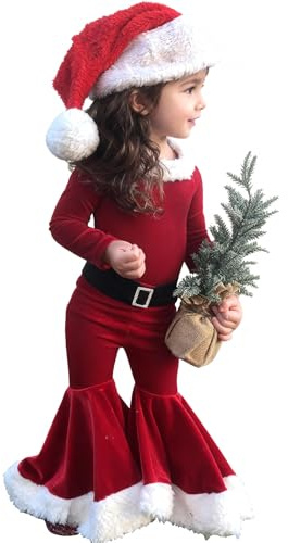TAGVO Flickor tomte långärmad set toppar och byxor och 3-delad hatt sammet outfit set 1–9 år, A-röd-01, 4-5 år