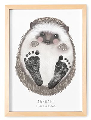 DEL MÀ Unique & Personal Baby Fußabdruck Bild Mit Rahmen Personalisiertes Tier Poster Für Babyzimmer Kinderzimmer (OHNE FARBE) (Igel, DIN A3 | Fußlänge 9-16cm | Alter 6 Mon. - 4 Jahre)